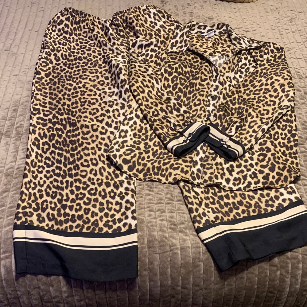 Leopard Print Pant Set with Black Trim